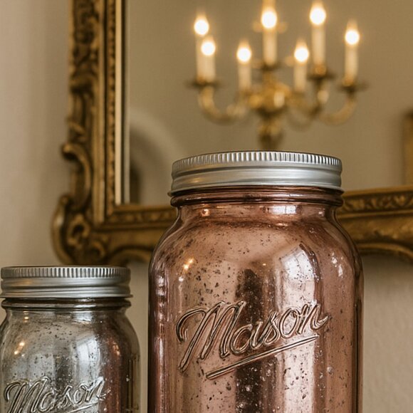 NWT Set of 4 Vintage Mason Jar Limited Edition Mercury Glass Rose Gold With Lids - Picture 10 of 16